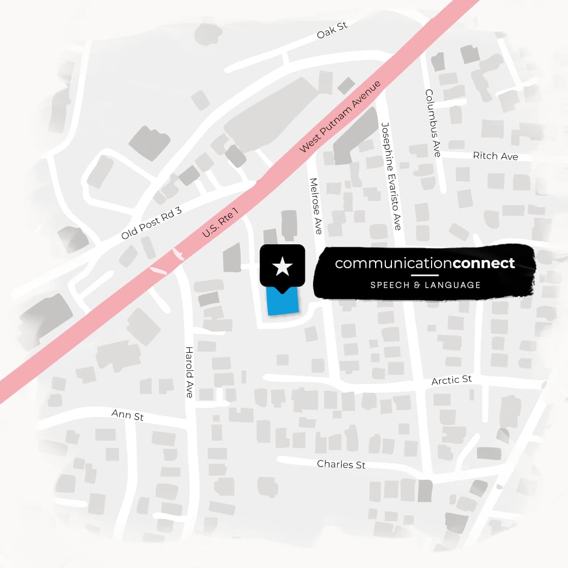 Graphic map of several suburban blocks with a pin icon showing the Connecticut office location.