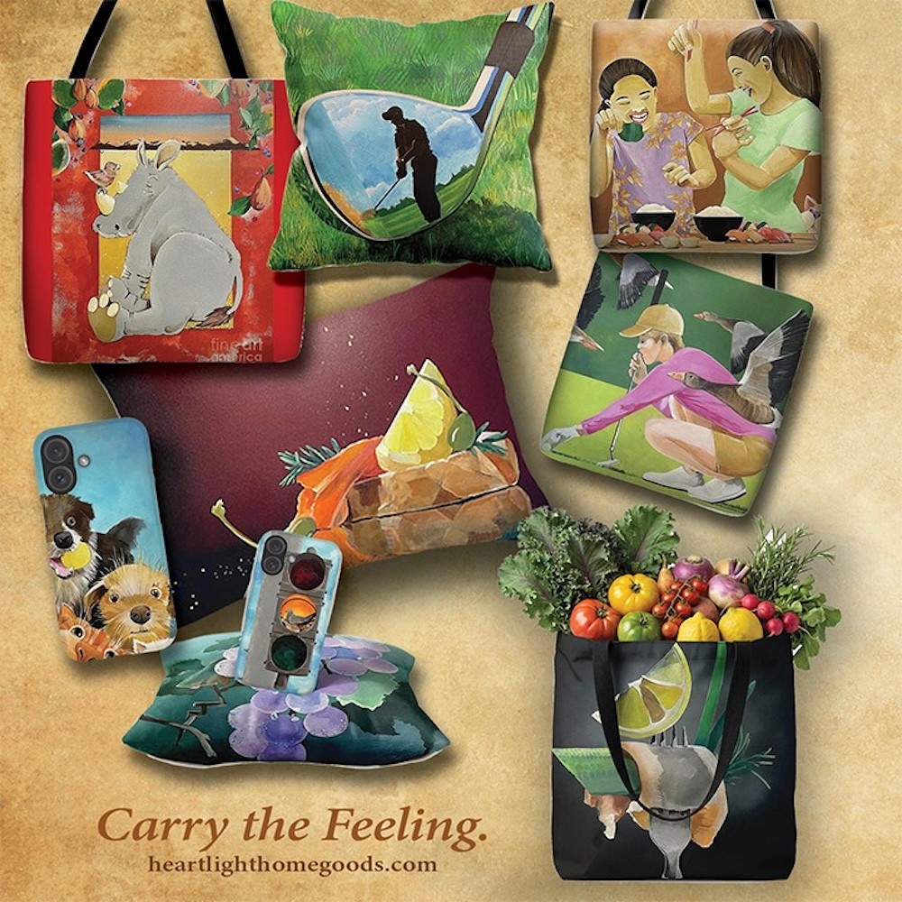 Collage of artistic home goods including pillows, tote bags, and phone cases with colorful illustrations. Themes include animals, golf, and cooking.