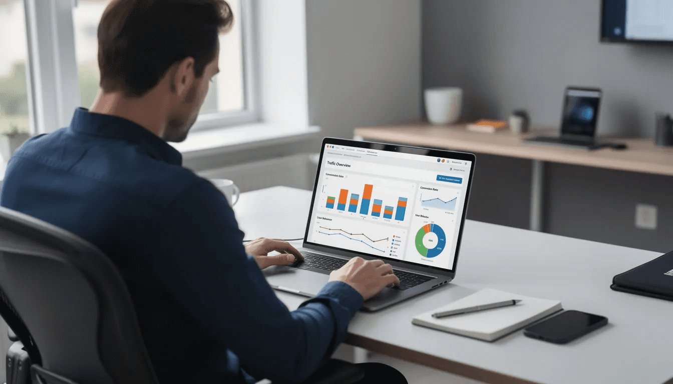 A person is seated at a desk, intently reviewing website analytics on a laptop, where various charts and graphs display data related to website visitors and customer engagement. This scene highlights the importance of ecommerce website optimization for boosting sales and enhancing the online shopping experience.