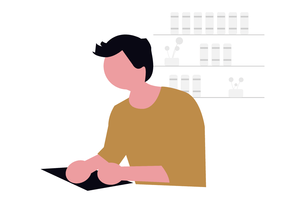 Person arbeitet an einem Schreibtisch vor Regalen mit Dokumenten - repräsentiert Remote- oder Hybrid-Arbeitsumgebung