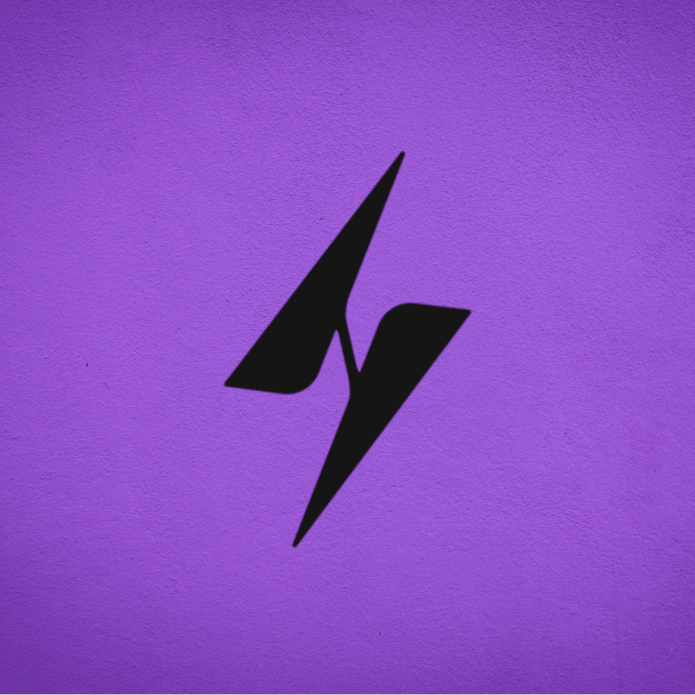 a black lightning bolt logo in front of a purple background