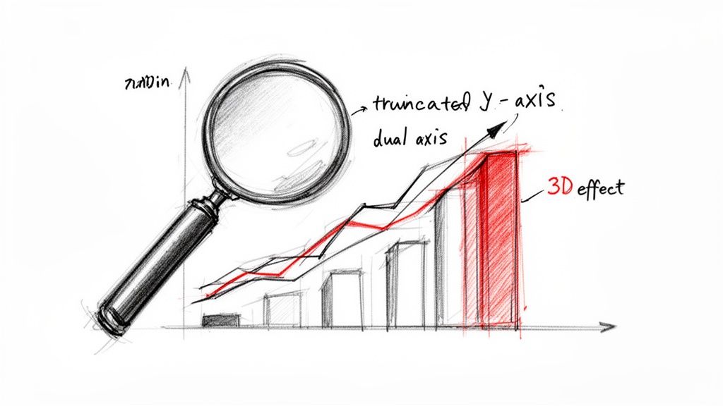 Sketch of a magnifying glass over a bar chart and line graph, highlighting features like truncated y-axis.