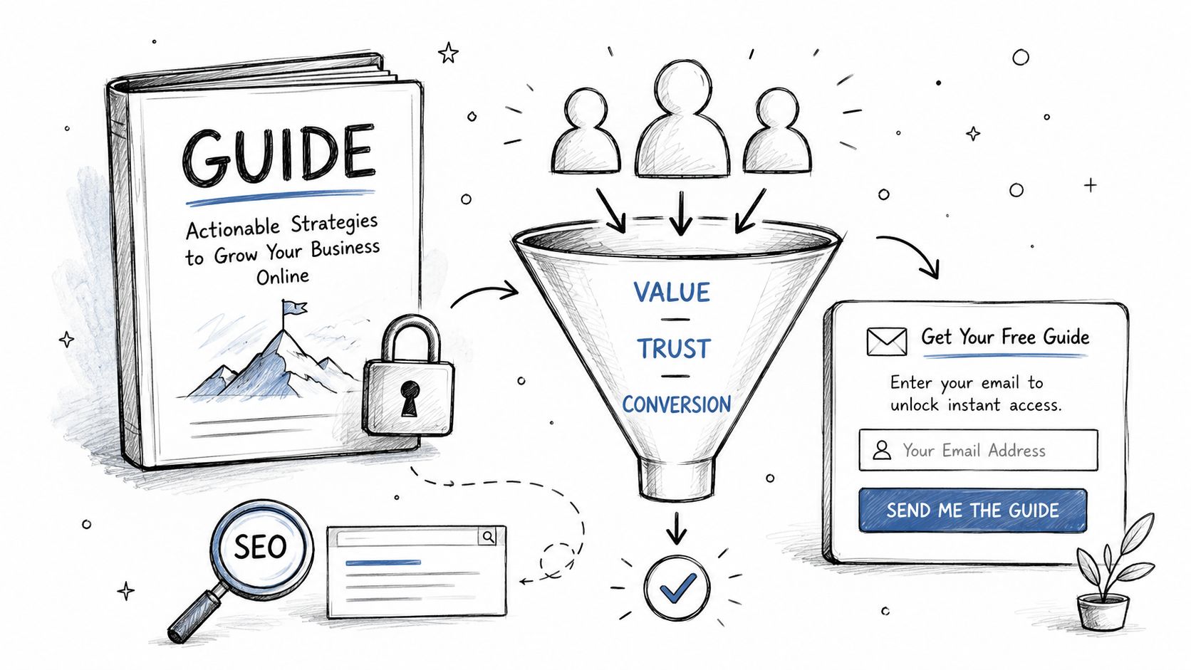 A hand-drawn illustration showing a digital marketing funnel for B2B lead generation strategies, featuring a guide and email form.