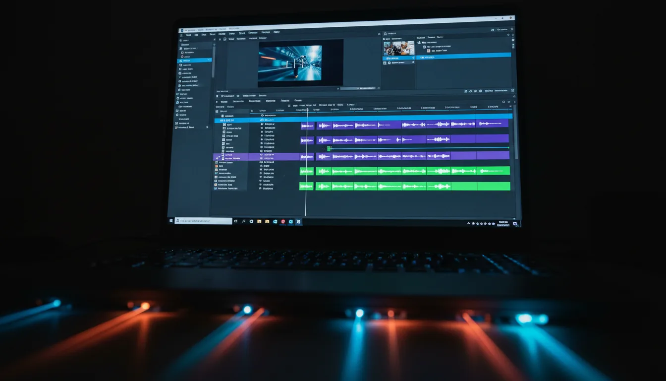 DSLR photograph, low-angle shot of a laptop screen in a dark room, showcasing the Adobe Premiere Pro video editing software interface. The UI is in a Modern Dark Mode, with a detailed video timeline featuring purple and green clips in sharp focus. The scene has cinematic contrast, with the screen as the main light source. In the extremely out-of-focus foreground, a backlit keyboard creates a soft, vibrant bokeh effect with streaks of orange, red, and cyan light.