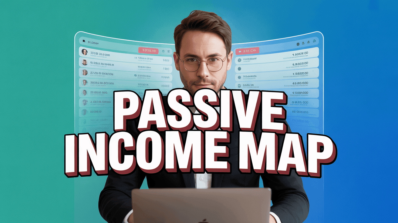 Passive Income Dashboard Thumbnail Template featuring entrepreneur at laptop with holographic dashboard showing multiple income streams and payout...