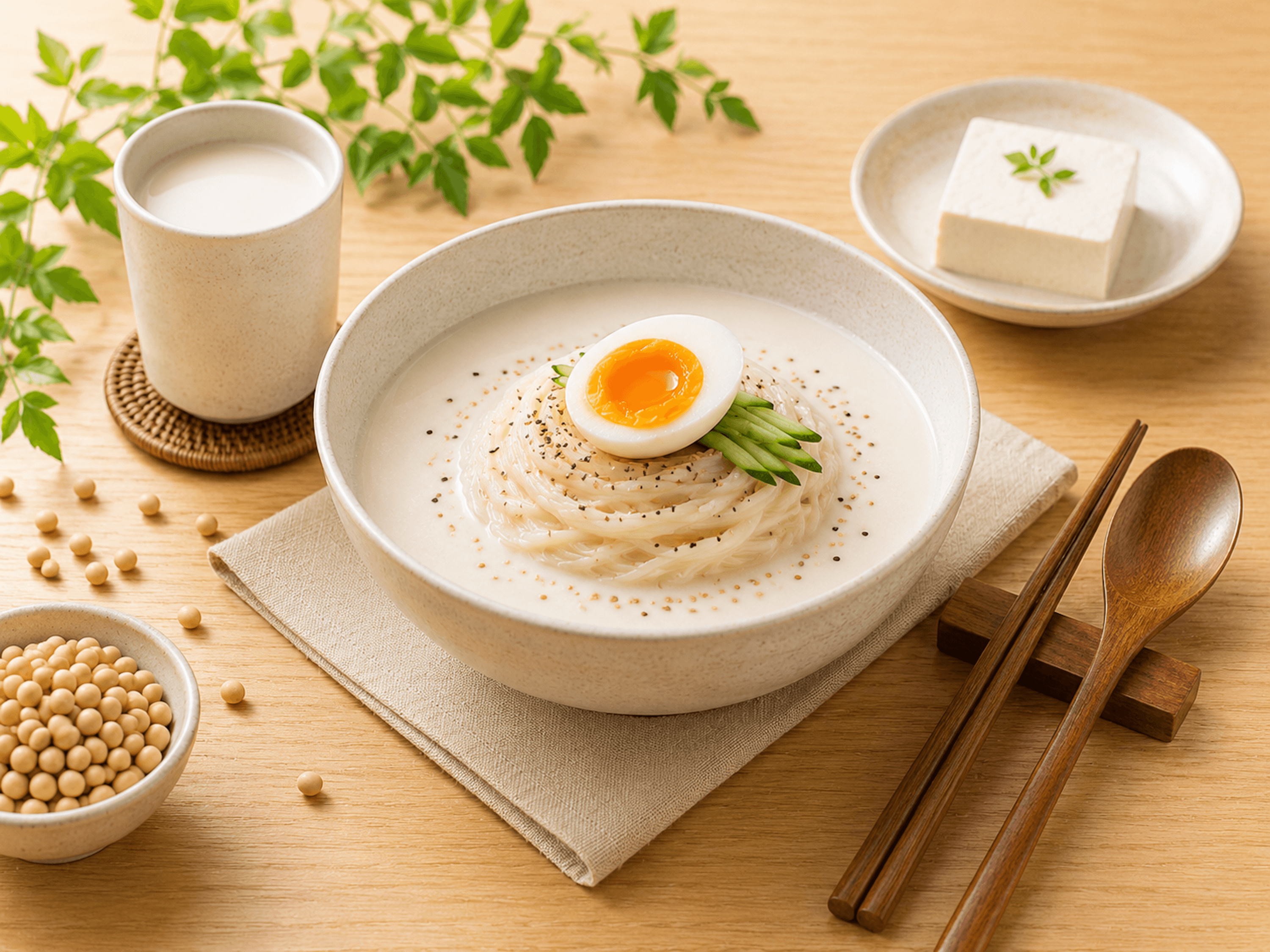 콩국수 위에 반숙 달걀을 얹은 한 끼, 두 단백질이 만나는 그릇