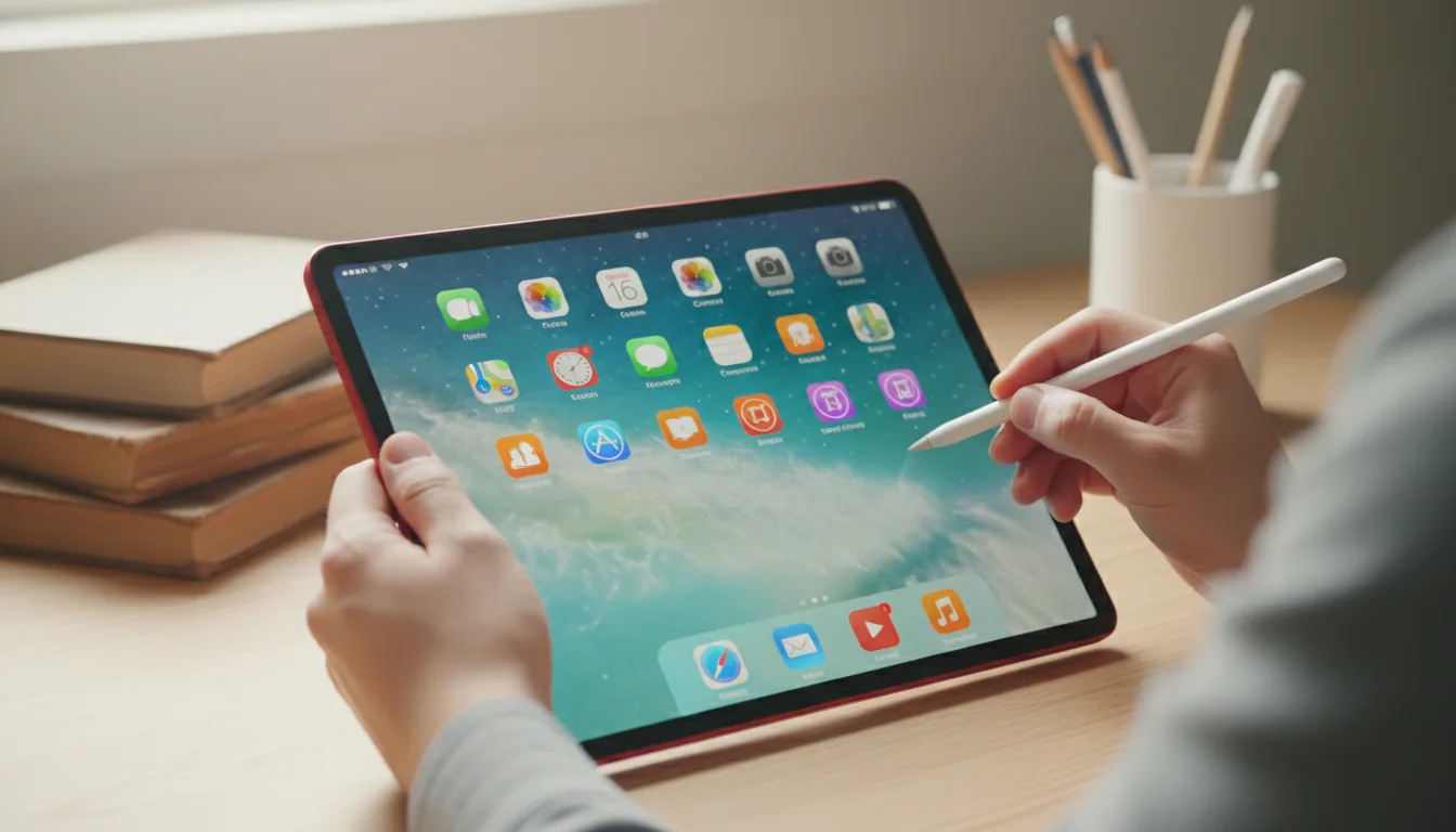 DSLR photograph from an over-the-shoulder perspective of a person holding a red iPad in landscape orientation. A white stylus is in their hand, touching the screen, which displays a vibrant iPadOS home screen with a grid of colourful app icons. The scene is illuminated by soft natural daylight. The iPad is held over a light-coloured wooden desk, and the background has a shallow depth of field, creating a soft bokeh effect on a stack of books and a white pen cup.
