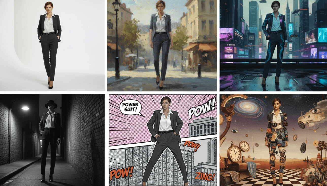 AI photo generation process showing multiple style variations of the same fashion concept
