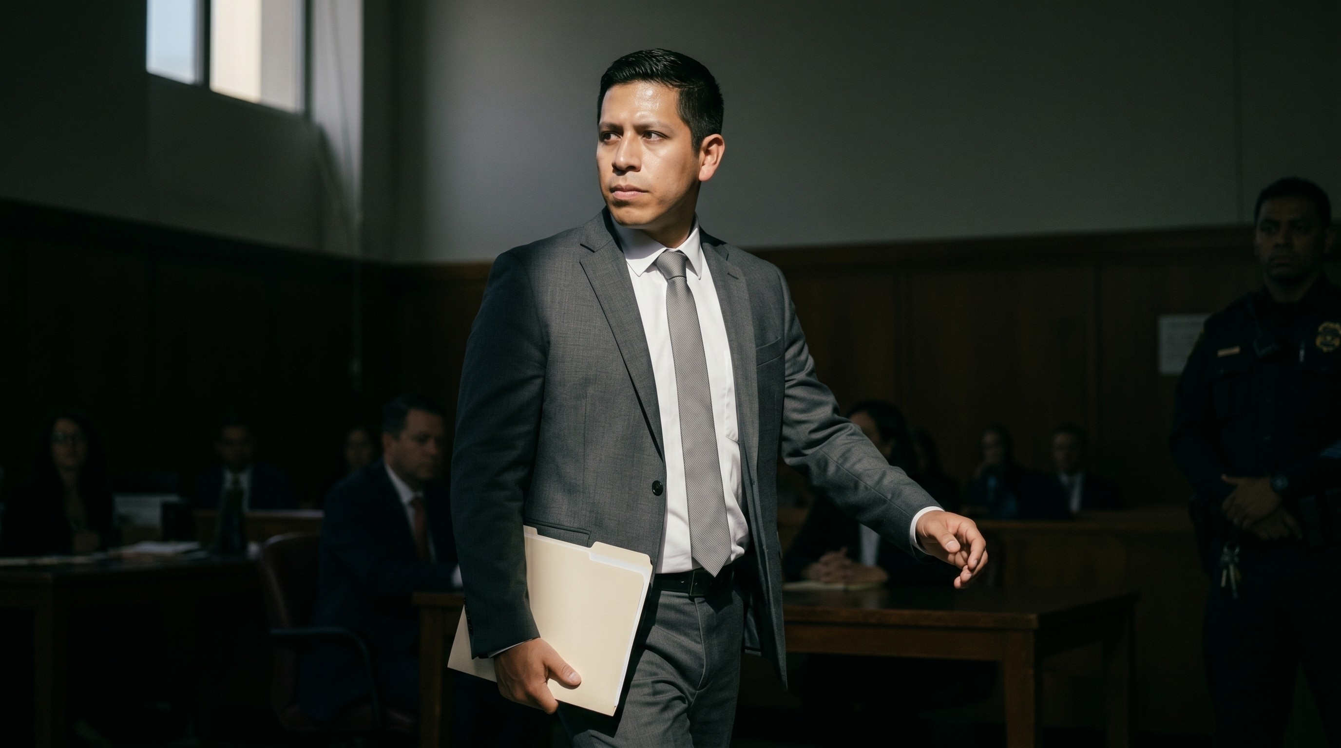 Defense attorney standing in courtroom representing client with substance use disorder