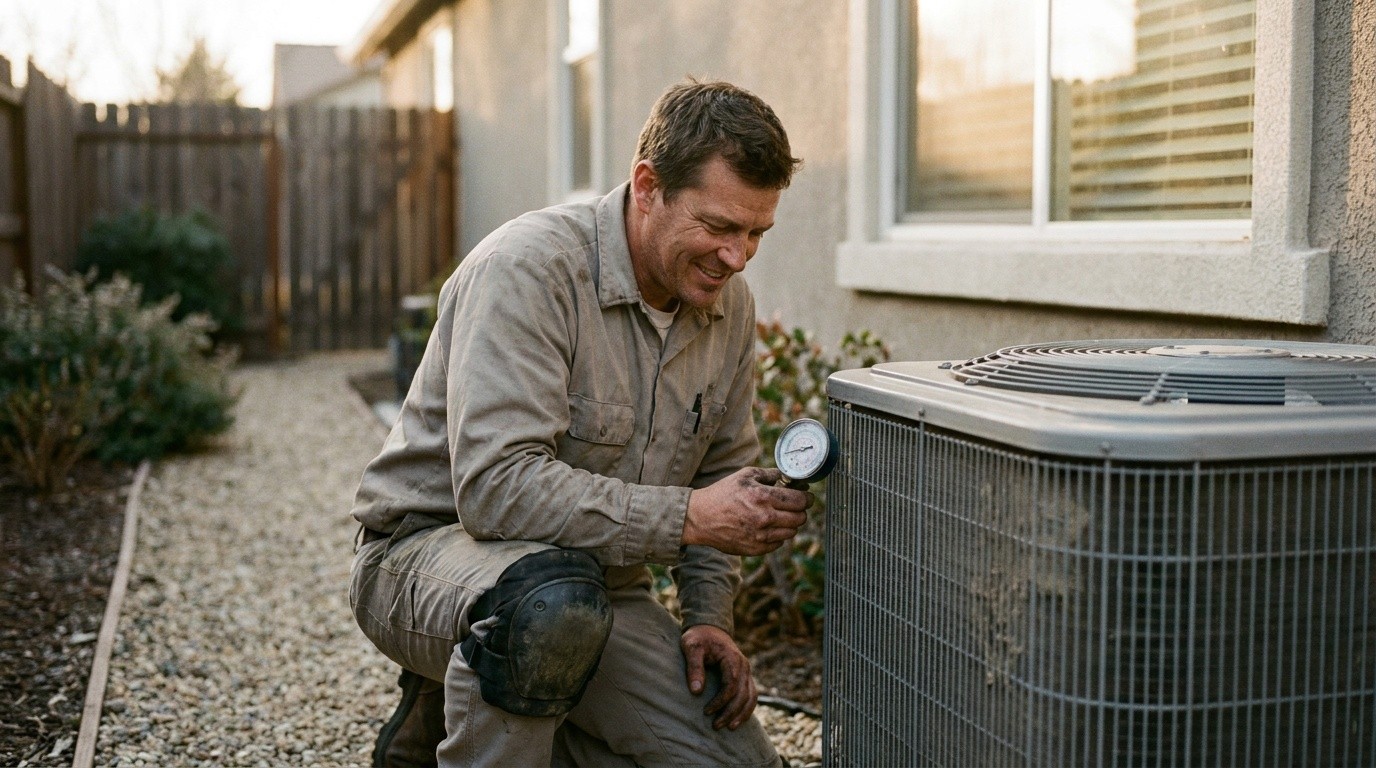 An HVAC technician checking a gauge beside a home condenser unit, evoking home services calls qualified and booked on the spot