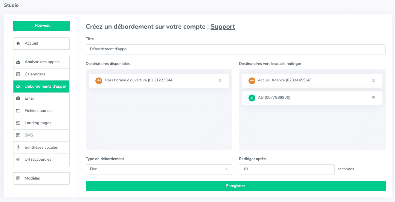 Interface Studio Débordement d'appels Magnétis