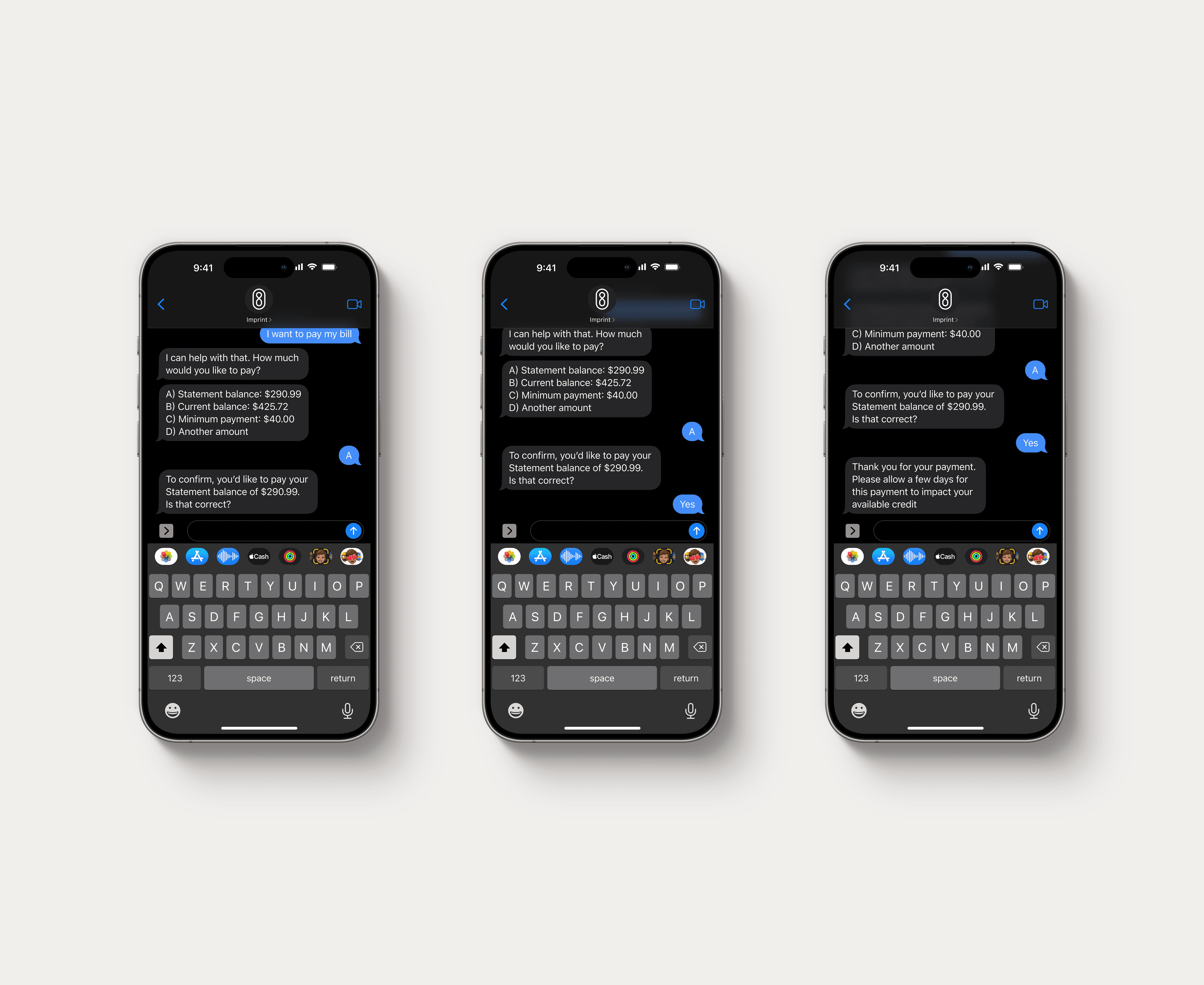 Three phones showing parts of Imprint's support experience via iMessage