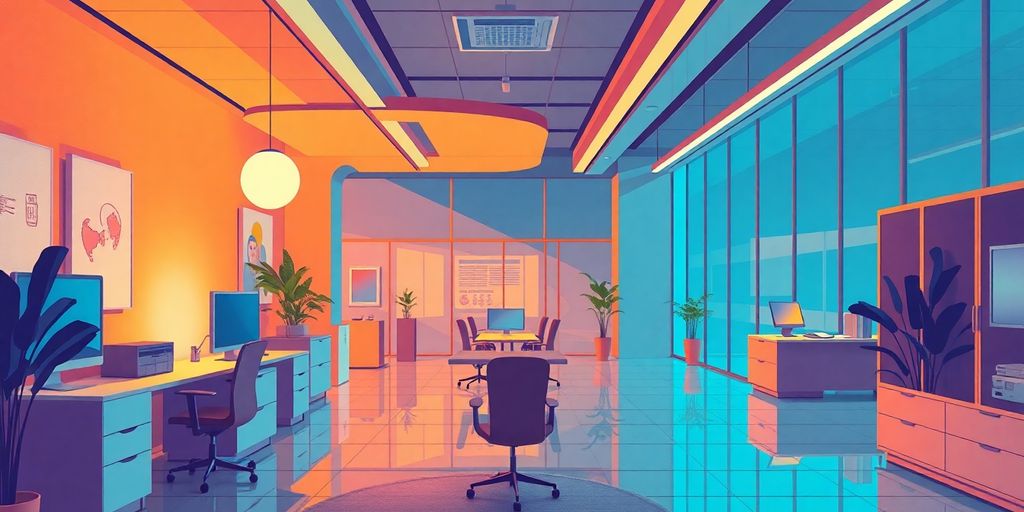 Retro Art Deco style office with geometric shapes and colors.