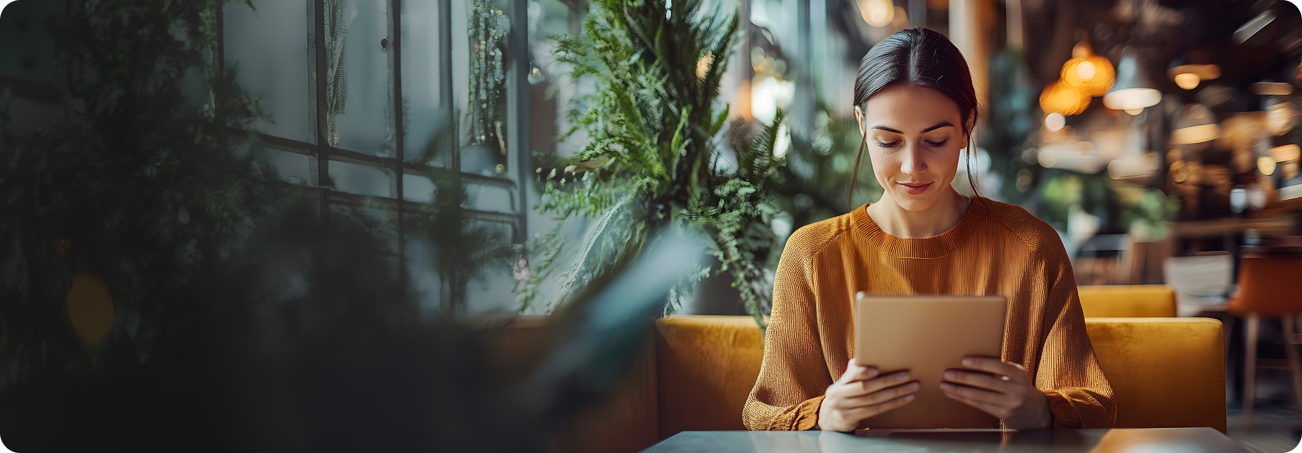 Femme avec une tablette dans un restaurant
