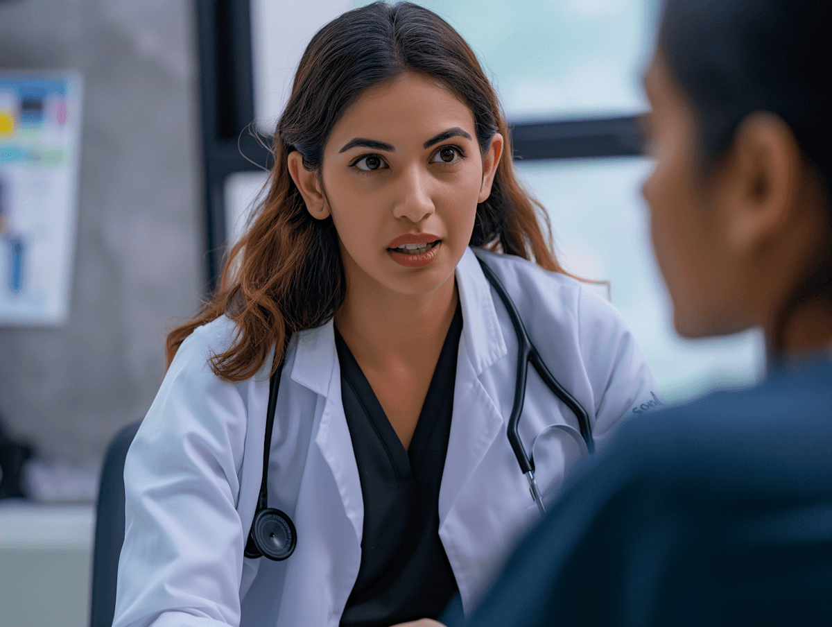 Young female doctor in a white coat attentively listening to a patient in a clinical setting.