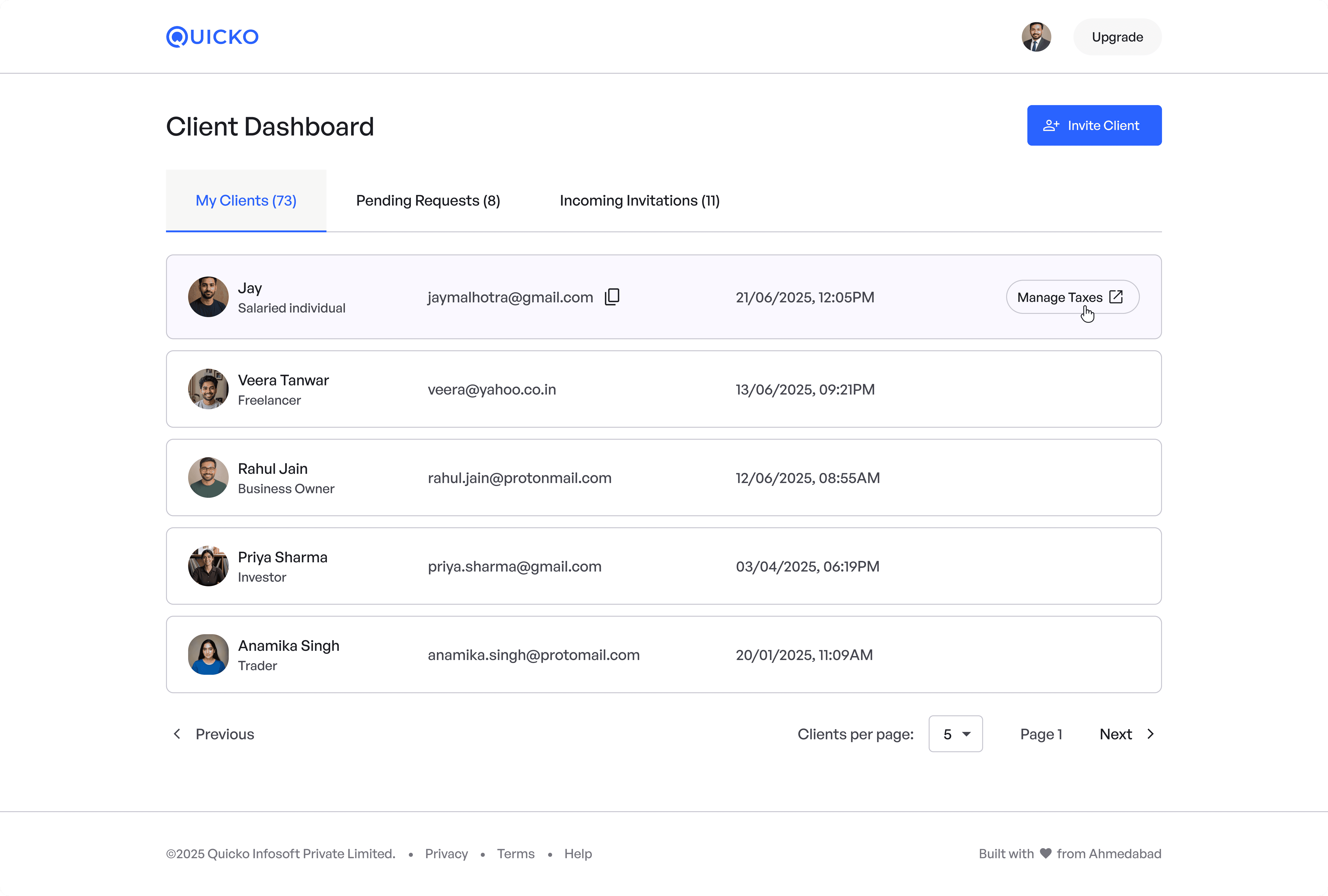 An accountant dashboard showing list of clients with tax management options and a dialog to invite a new client.