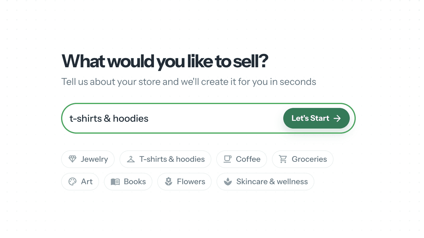 Store.link onboarding screen asking what you want to sell, with product type chips like T‑shirts and jewelry.