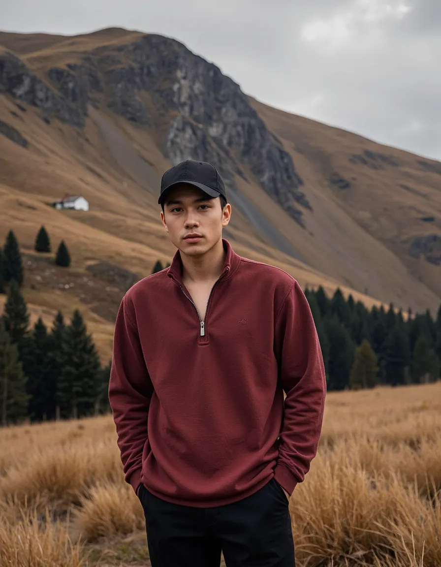 Man in burgundy pullover and black cap poses in mountain landscape with pine trees and dramatic peaks behind