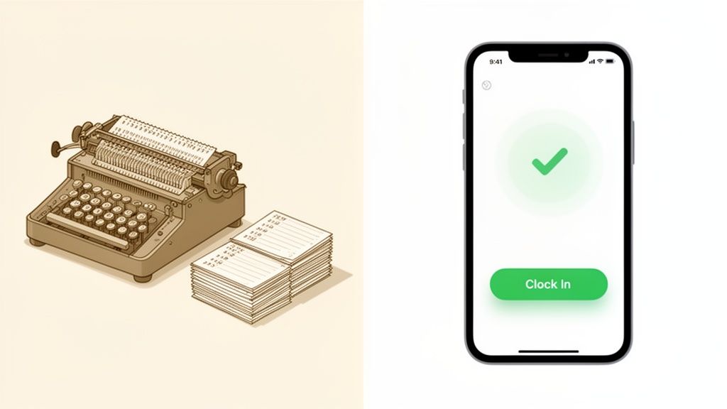 An old time clock with paper cards contrasts with a modern smartphone showing a 'Clock In' app.