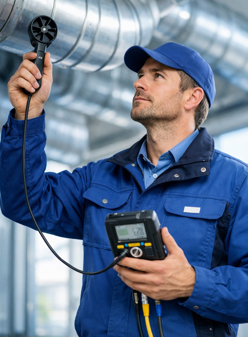 Mann mit einem Testgerät zur Überprüfung der Lüftungsanlage