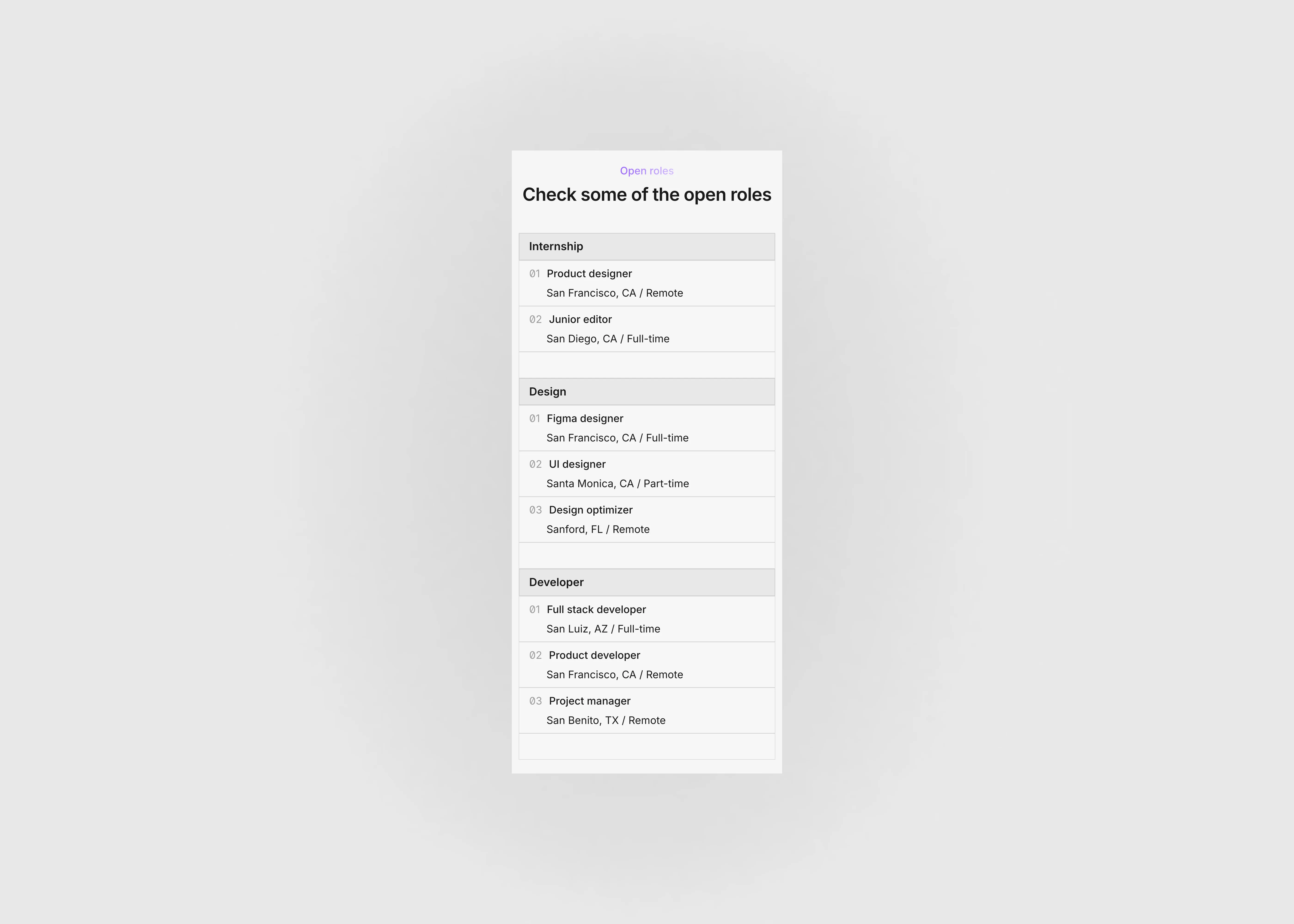 Careers page section in light theme with hover effect for mobile devices