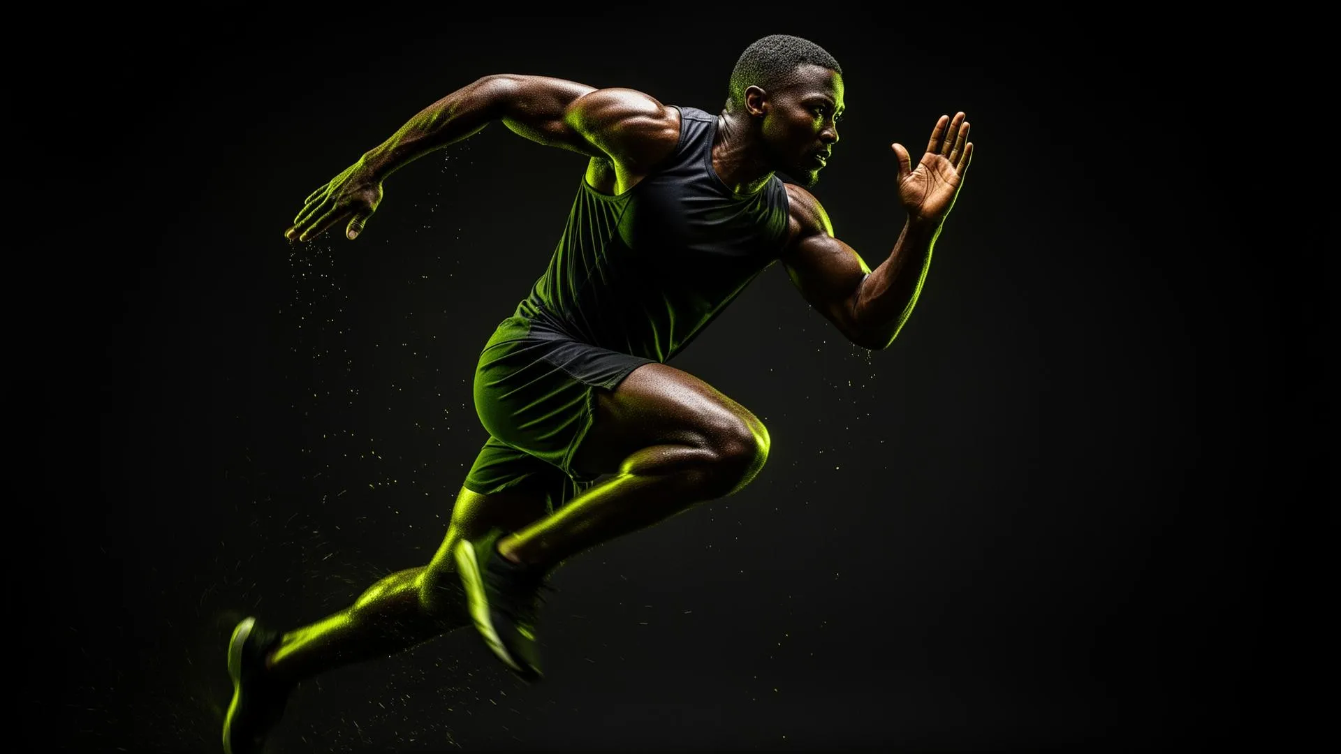 Athletic sprinter running at full speed in dramatic studio lighting against a dark background