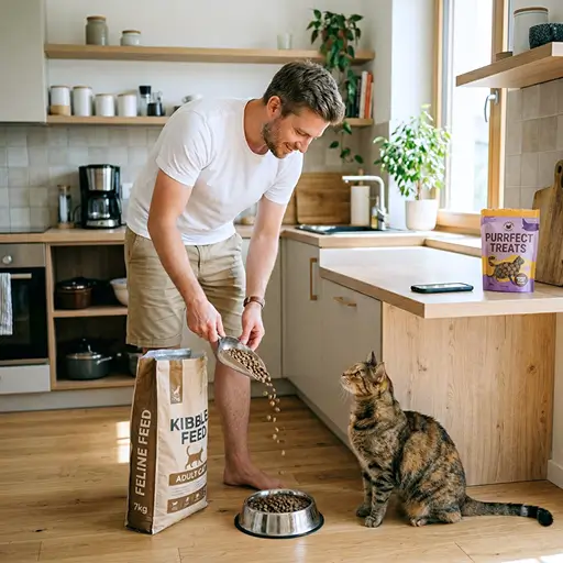 Tracking Target restocks using Whisprice alerts; a man pours pet food for his cat while setting notifications for limited items like collectibles or holiday decor.