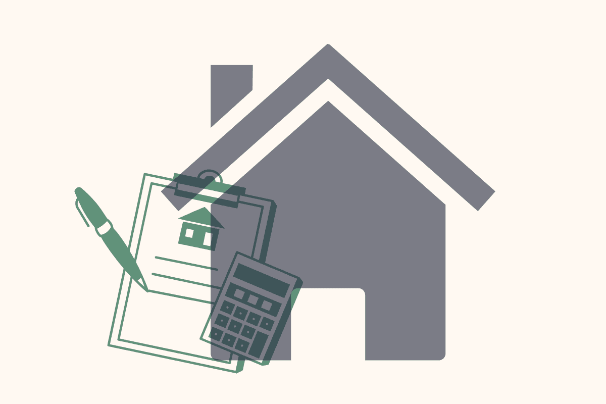 A large gray house icon overlaid with a clipboard showing a house, a pen, and a calculator in green tones.