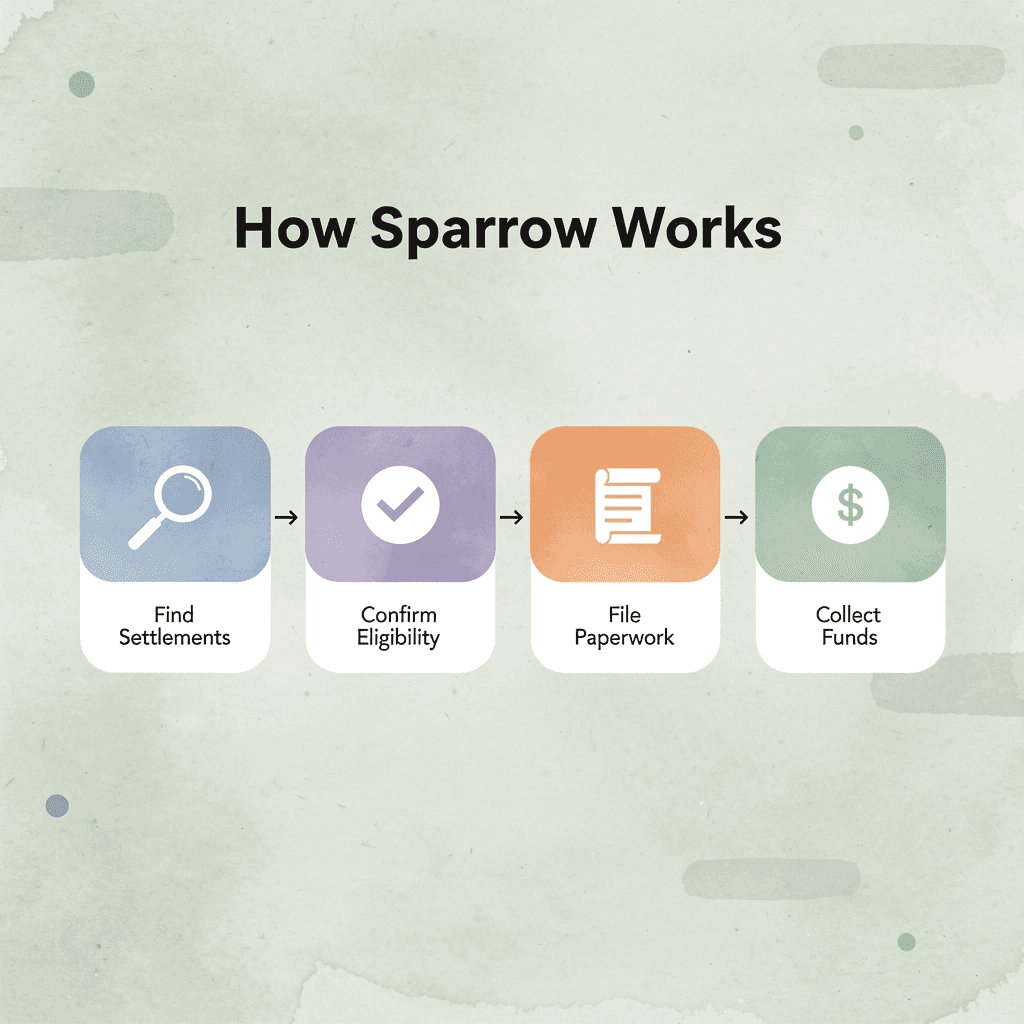 Process flow showing Sparrow's four steps from finding settlements to collecting funds