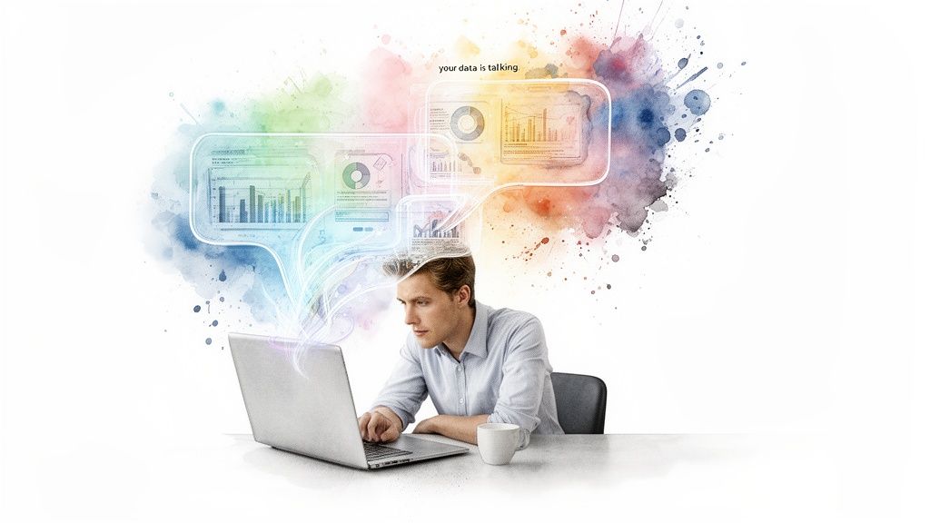 A man analyzing data on a laptop, with charts and graphs emerging above his head, illustrating business intelligence.