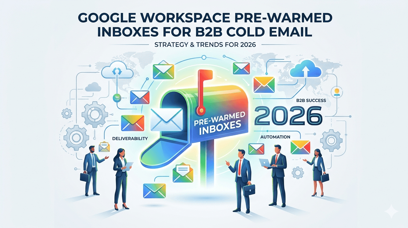 how pre-warmed inboxes improve cold email deliverability in 2026, featuring a laptop warming up email reputation, rising graph, envelopes with checkmarks, and a rocket symbolizing improved performance.