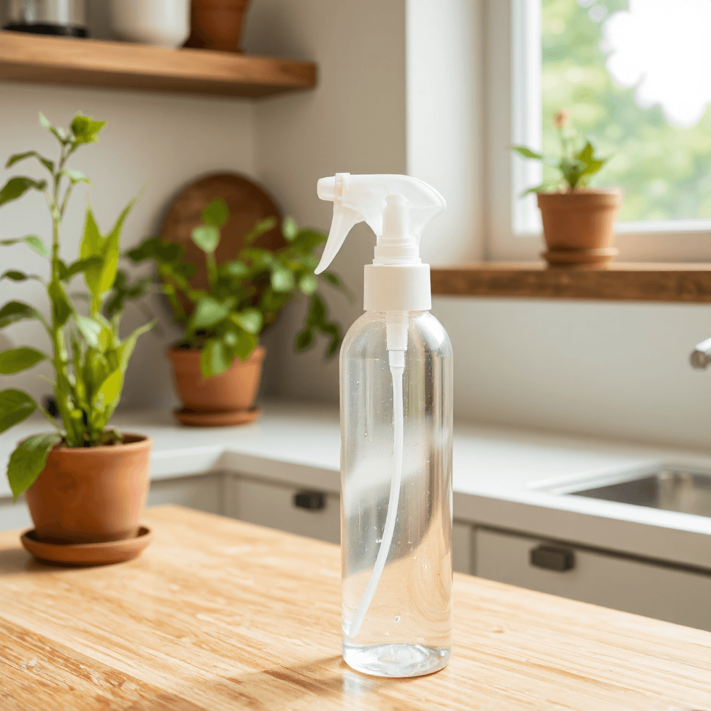 product photography of a clear spray bottle for liquids