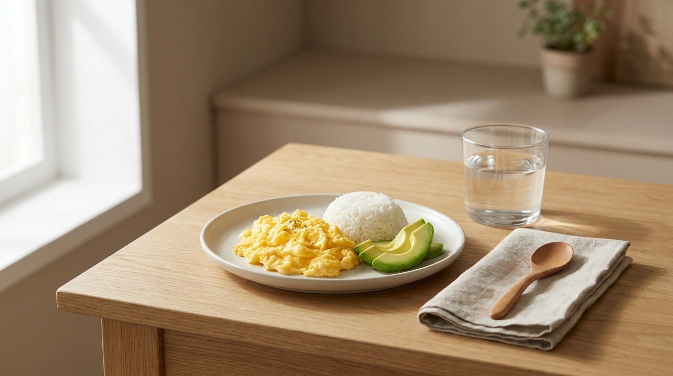 A kitchen table set with soft foods suitable for wearing a temporary crown