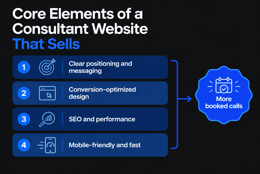Infographic of core elements of a consultant website that sells: clear positioning, conversion-optimized design, SEO and performance, mobile-friendly and fast, leading to more booked calls