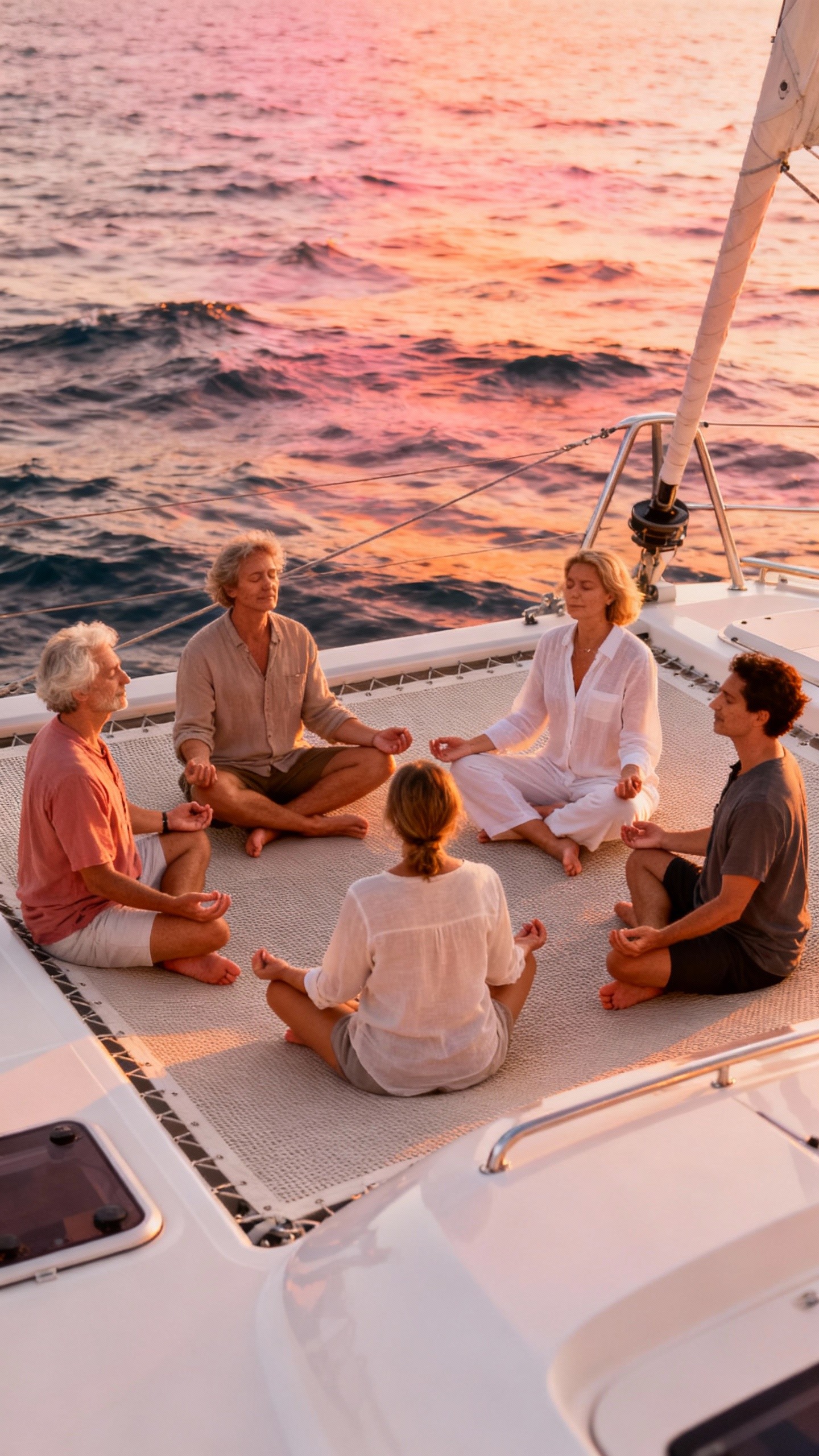 Session de méditation au coucher du soleil sur un catamaran, durant une croisière de reset mental