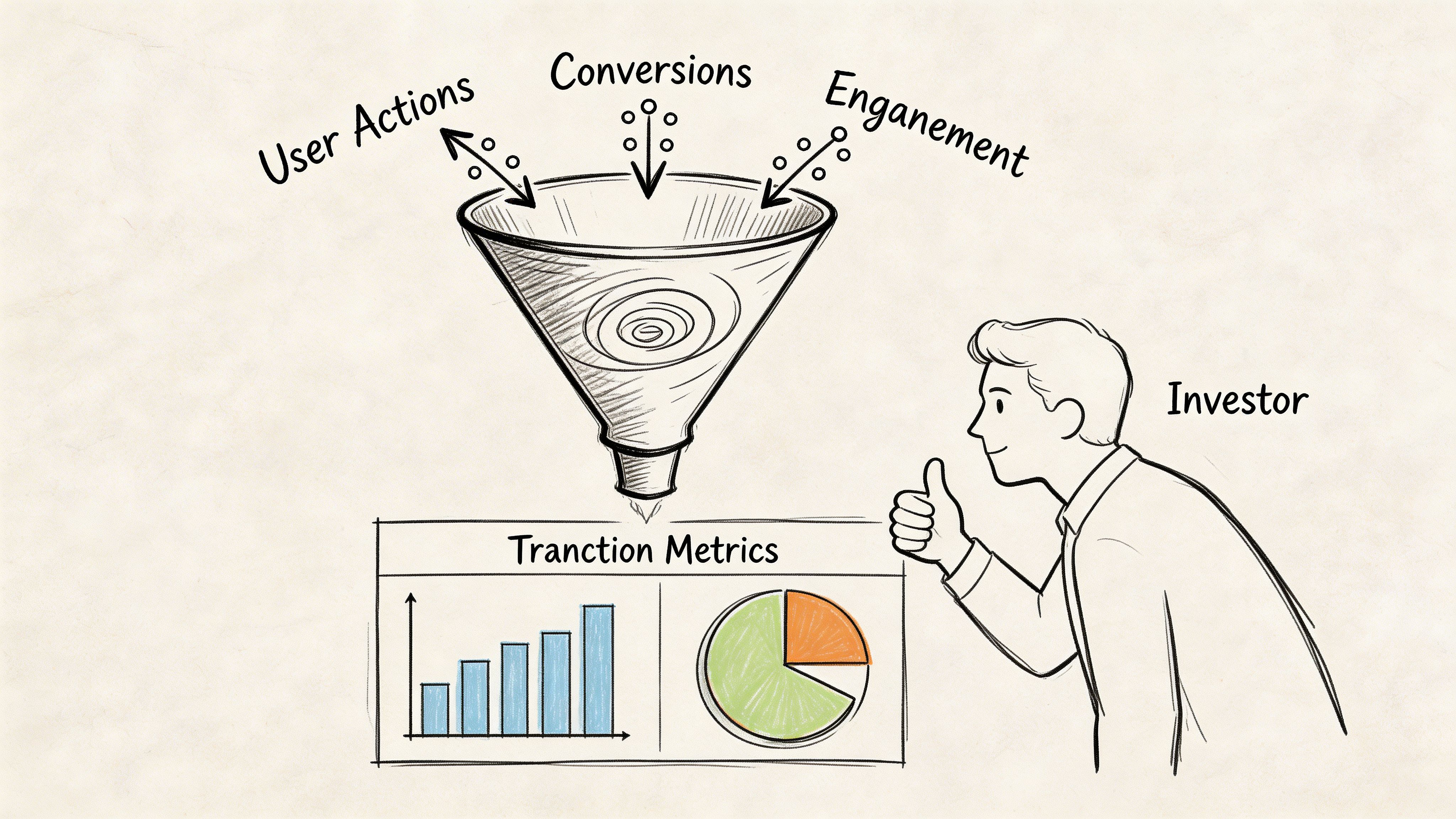 A hand-drawn illustration showing a business funnel with user metrics leading to an investor giving a thumbs up.