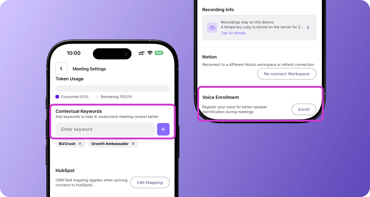 Meeting Setting screen with Contextual Keywords and Voice Enrollment option highlighted.
