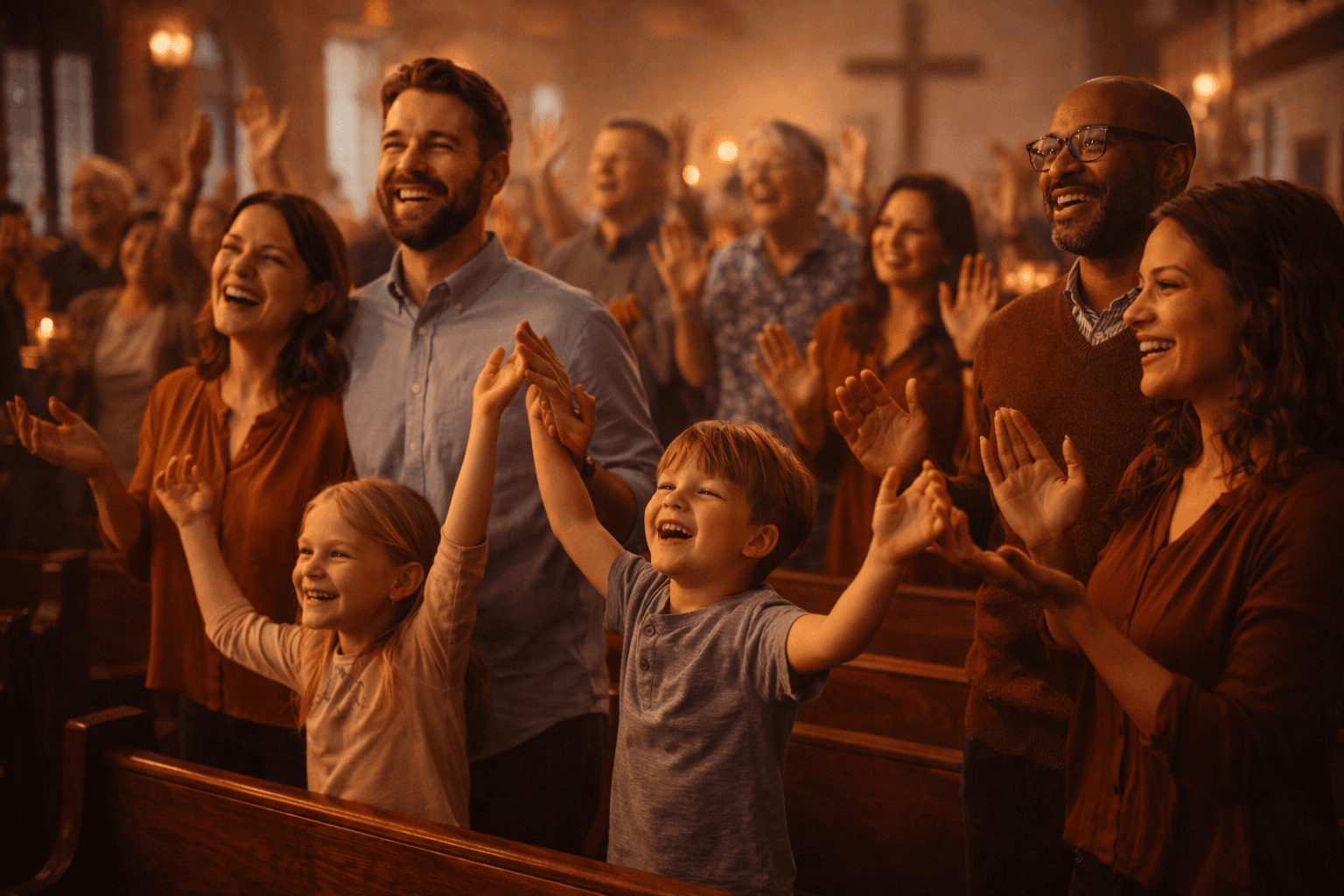 Live worship band performing on stage during a church praise and worship night with congregation raising hands.