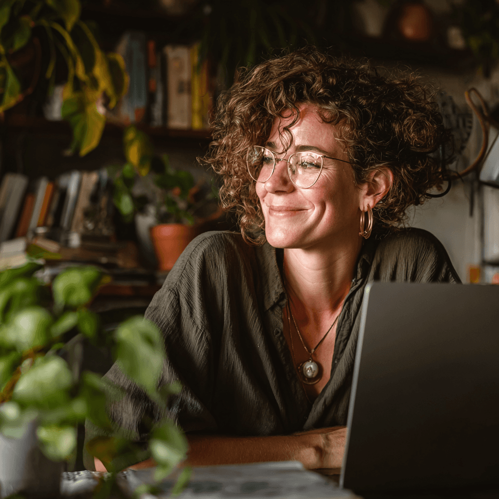 Content creator working on laptop in natural home office surrounded by plants and books