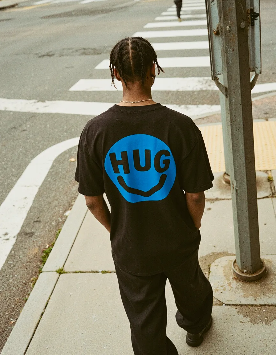 Person wearing black t-shirt with blue graphic on urban street, back view lifestyle fashion photography