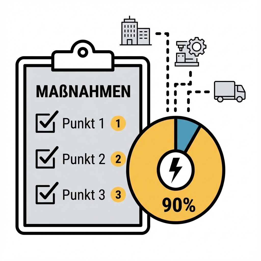 Checkliste „Maßnahmen“ und 90%-Energiediagramm mit Blitz, verbunden mit Icons für Gebäude, Maschine und LKW.