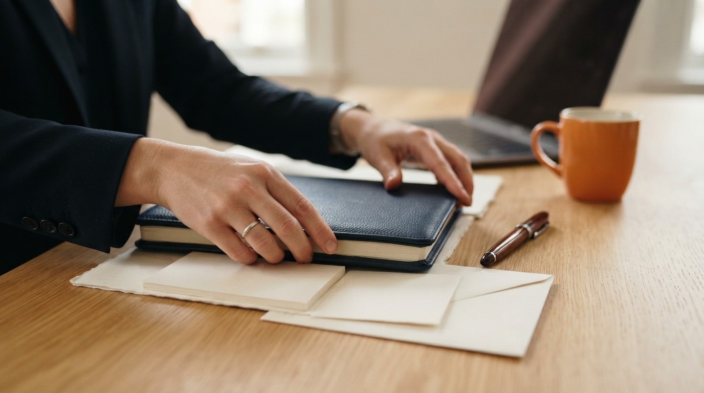 Close up of hands arranging professional stationery on a clean desk