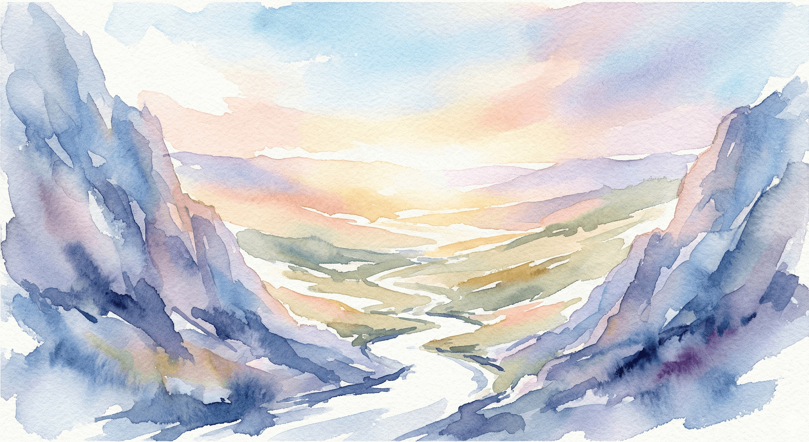 Watercolor narrow mountain pass opening into a sunlit golden valley