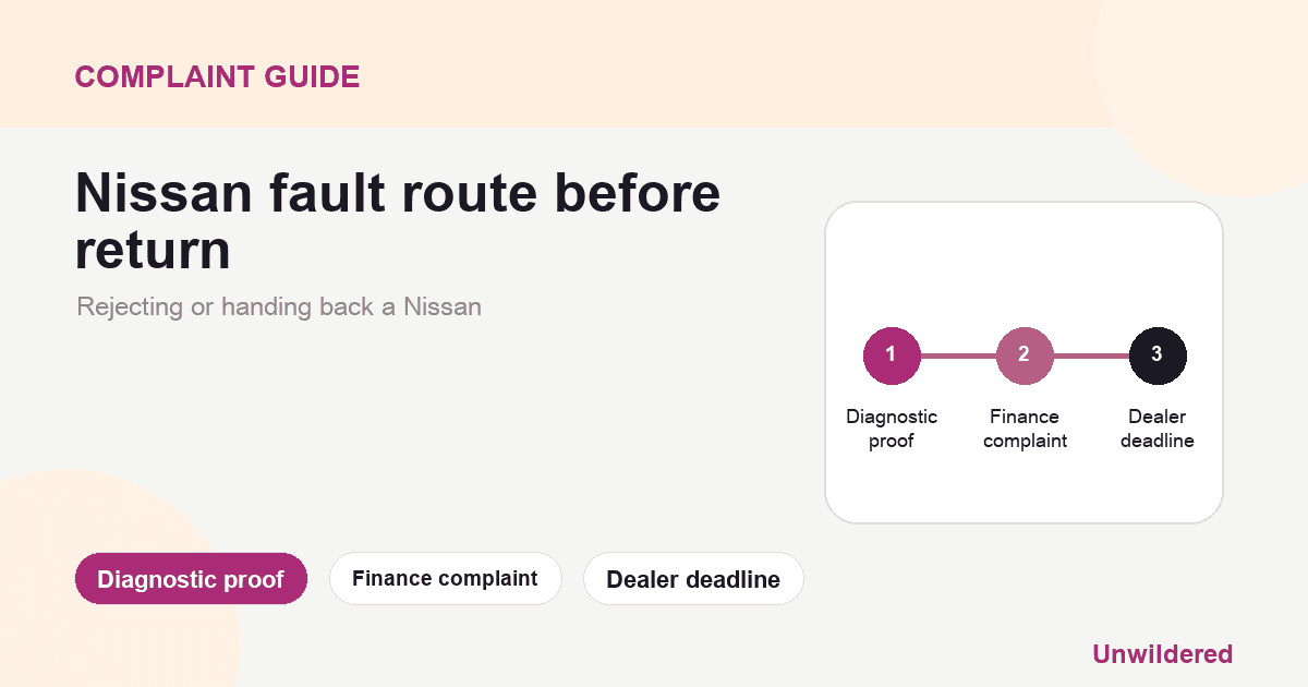 Explainer card for Rejecting or handing back a Nissan: Diagnostic proof, Finance complaint, Dealer deadline.