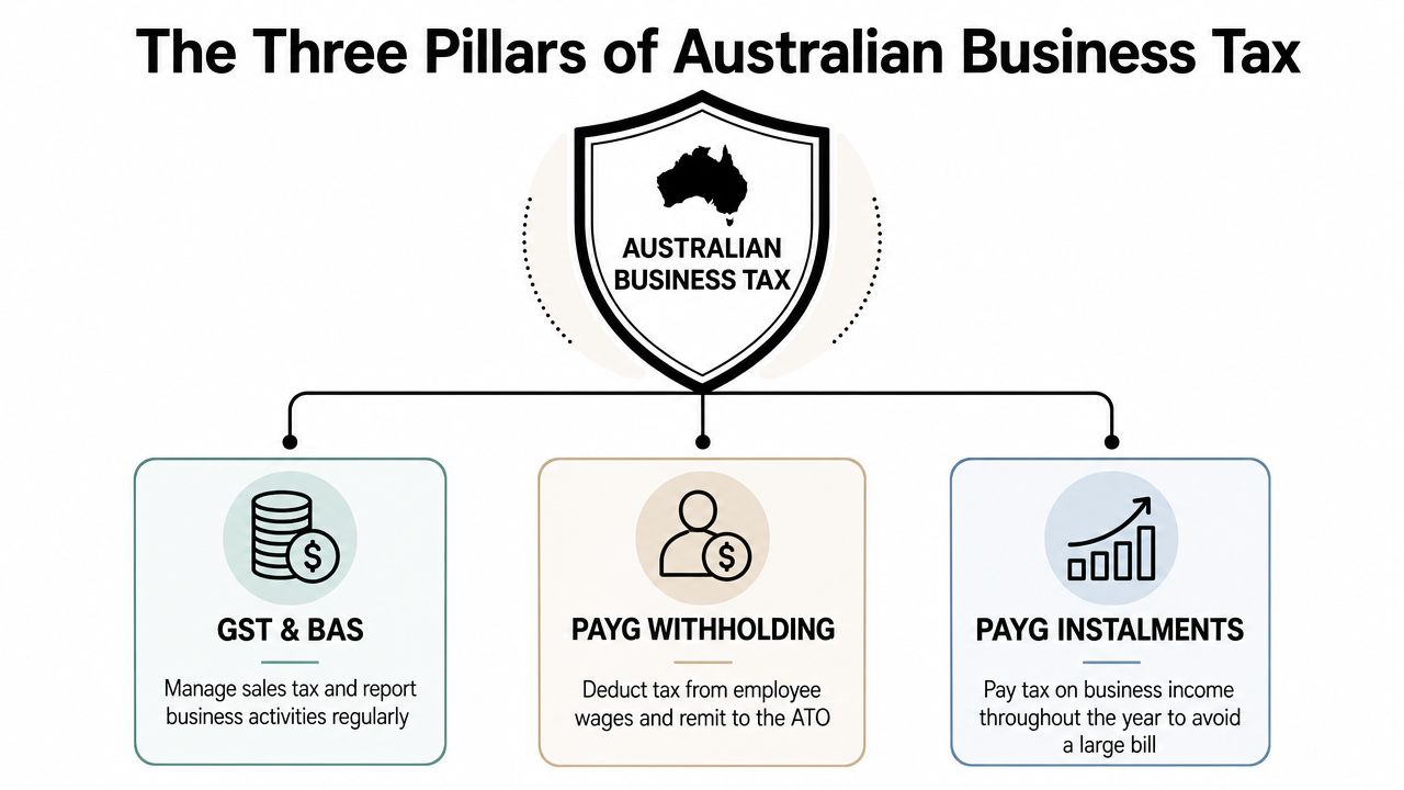 An infographic titled The Three Pillars of Australian Business Tax explaining GST and BAS, PAYG withholding, and PAYG installments.