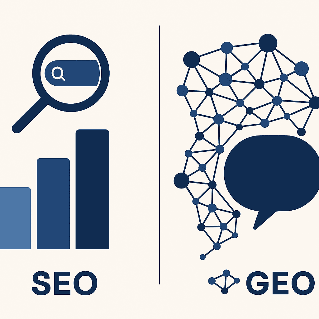 Abstract split-screen comparing SEO keyword lists with GEO AI chat citation network