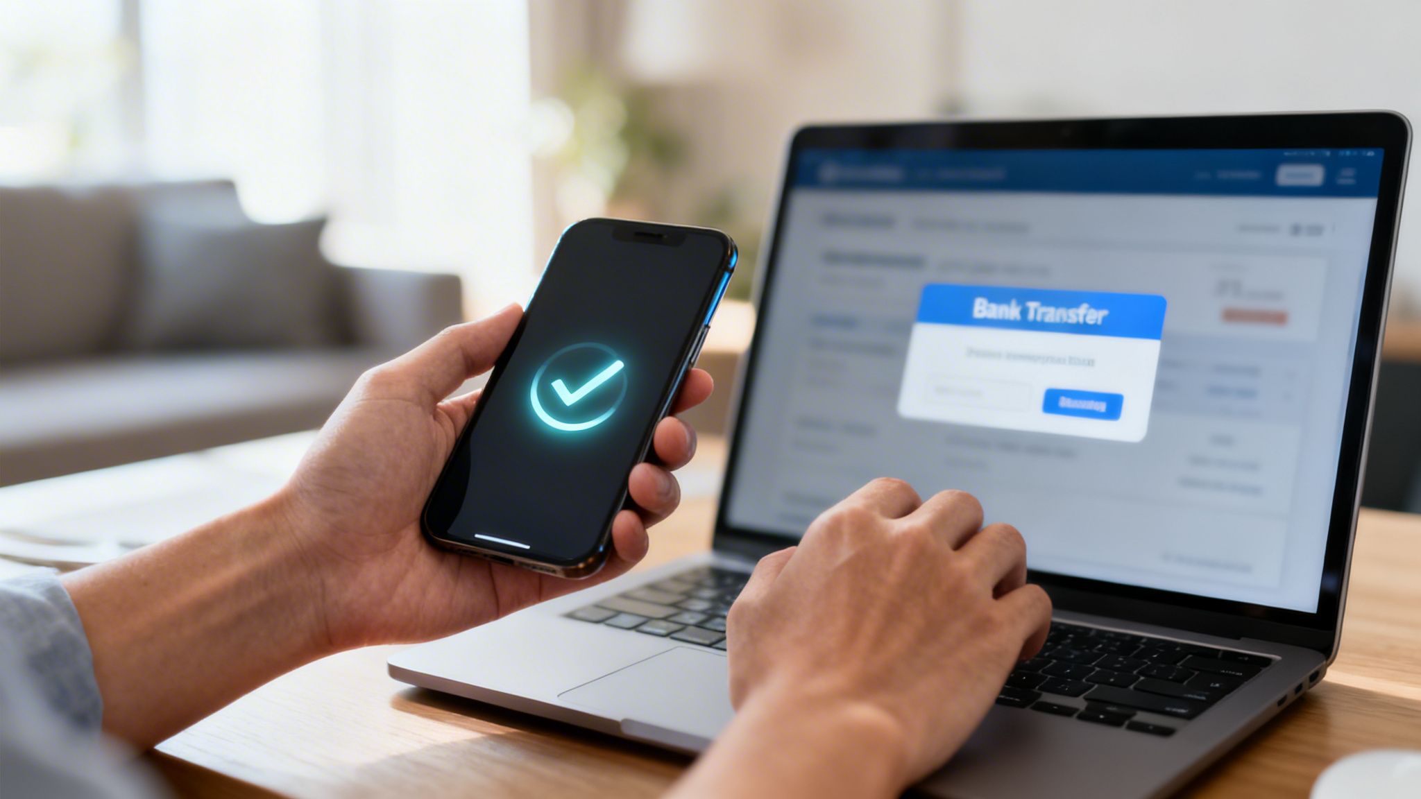 En person som håller en smartphone med en grön bock och använder en bärbar dator för en banköverföring.
