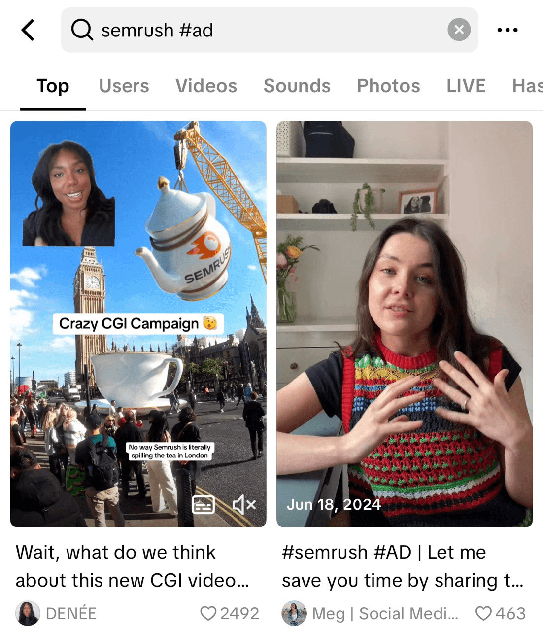 Two social media posts. Left: CGI image of a giant Semrush teapot and cup in London, labeled 'Crazy CGI Campaign.' Right: Woman speaking to the camera with shelves in the background. Tone is curious and informative.