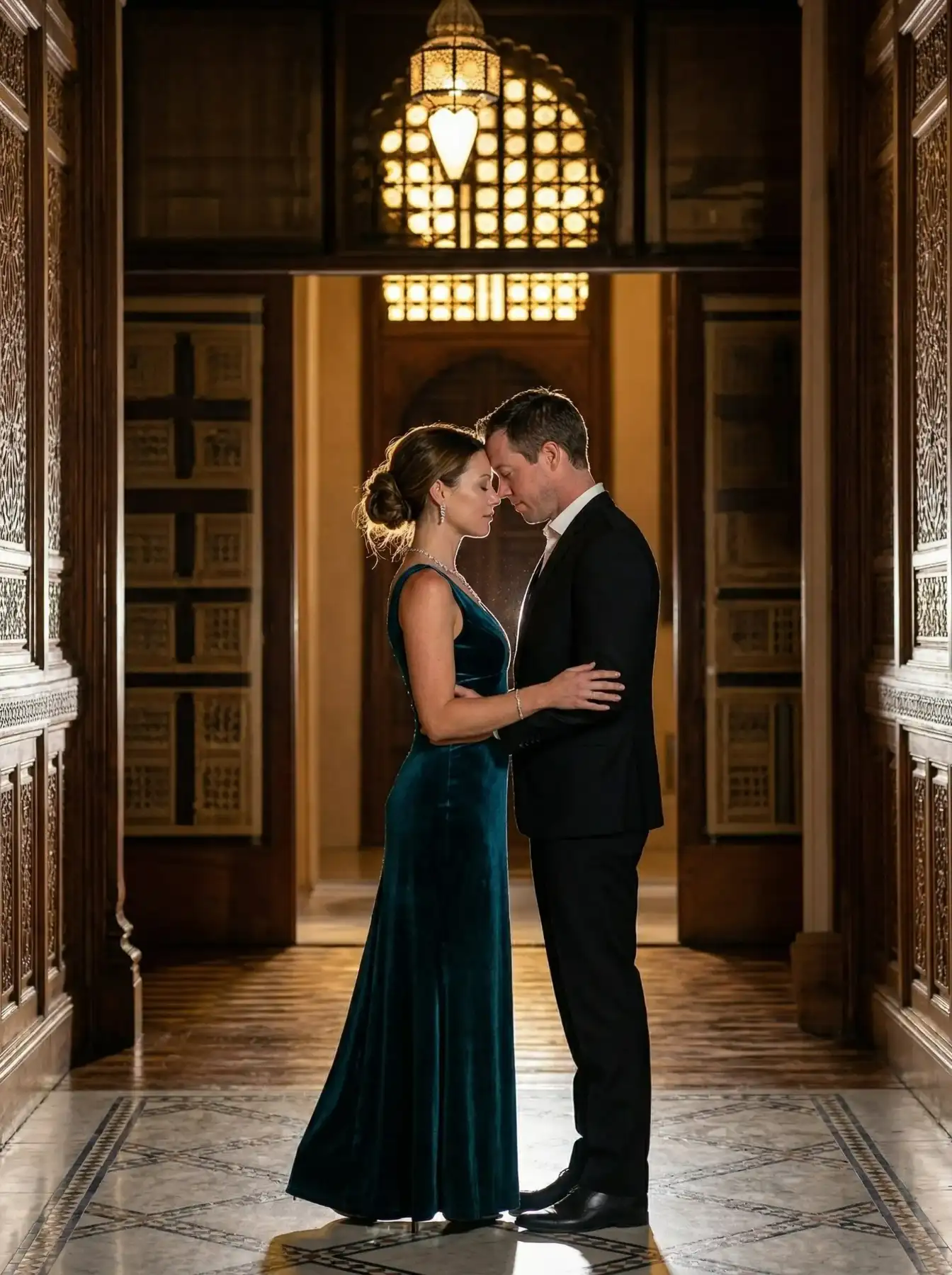Full-body portrait of a couple touching foreheads in a grand historic corridor with warm lighting