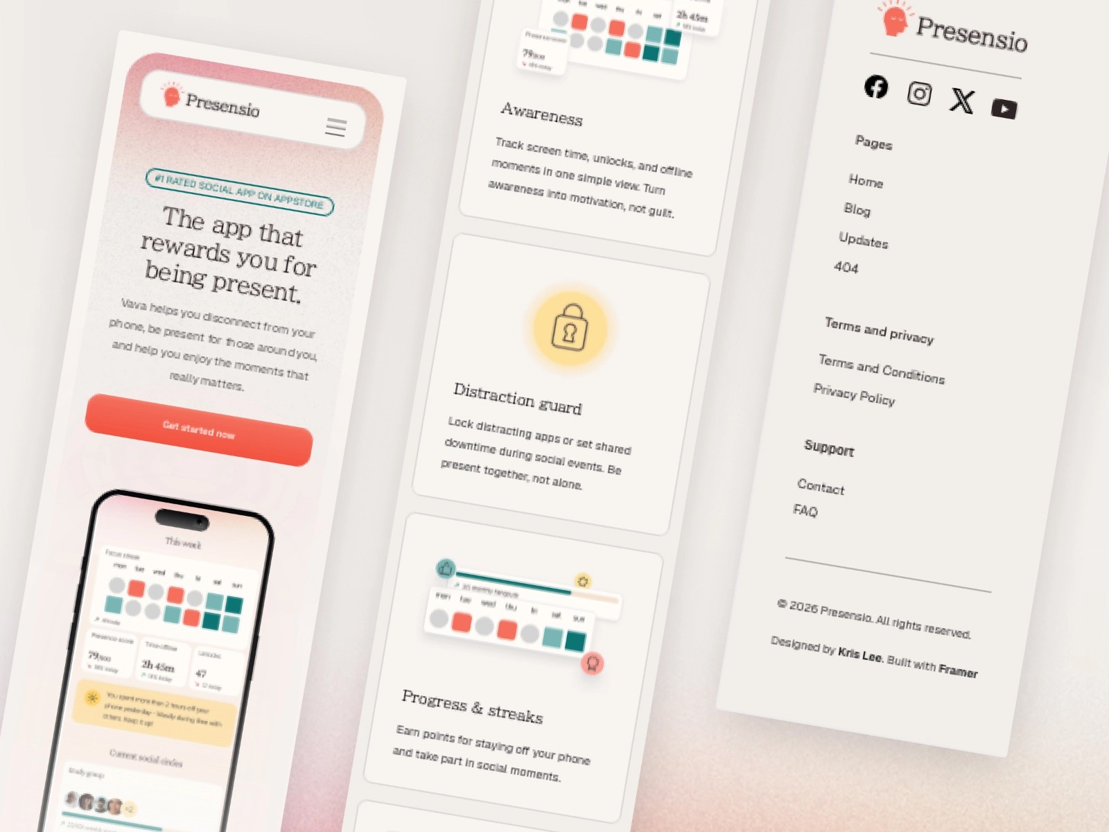 App layout with features like distraction guard and progress tracking.